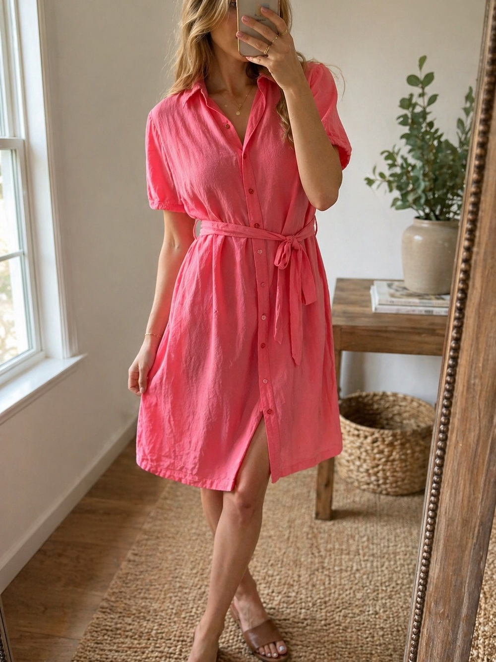 Elementz Sz L Coral Linen Blend Shirt Dress Button Front Tie Waist Summer Casual